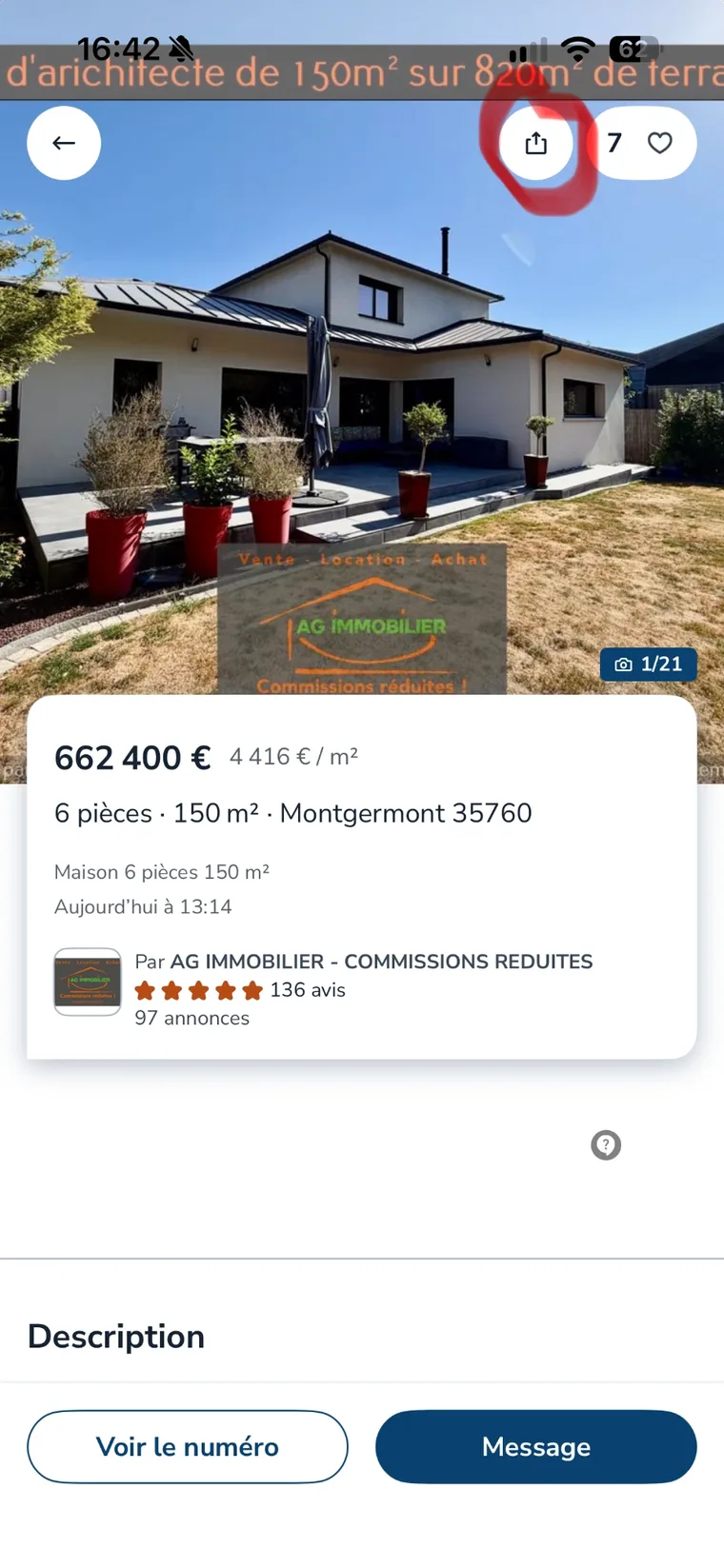 Annonce immobilière sur leboncoin, avec le bouton de partage entouré