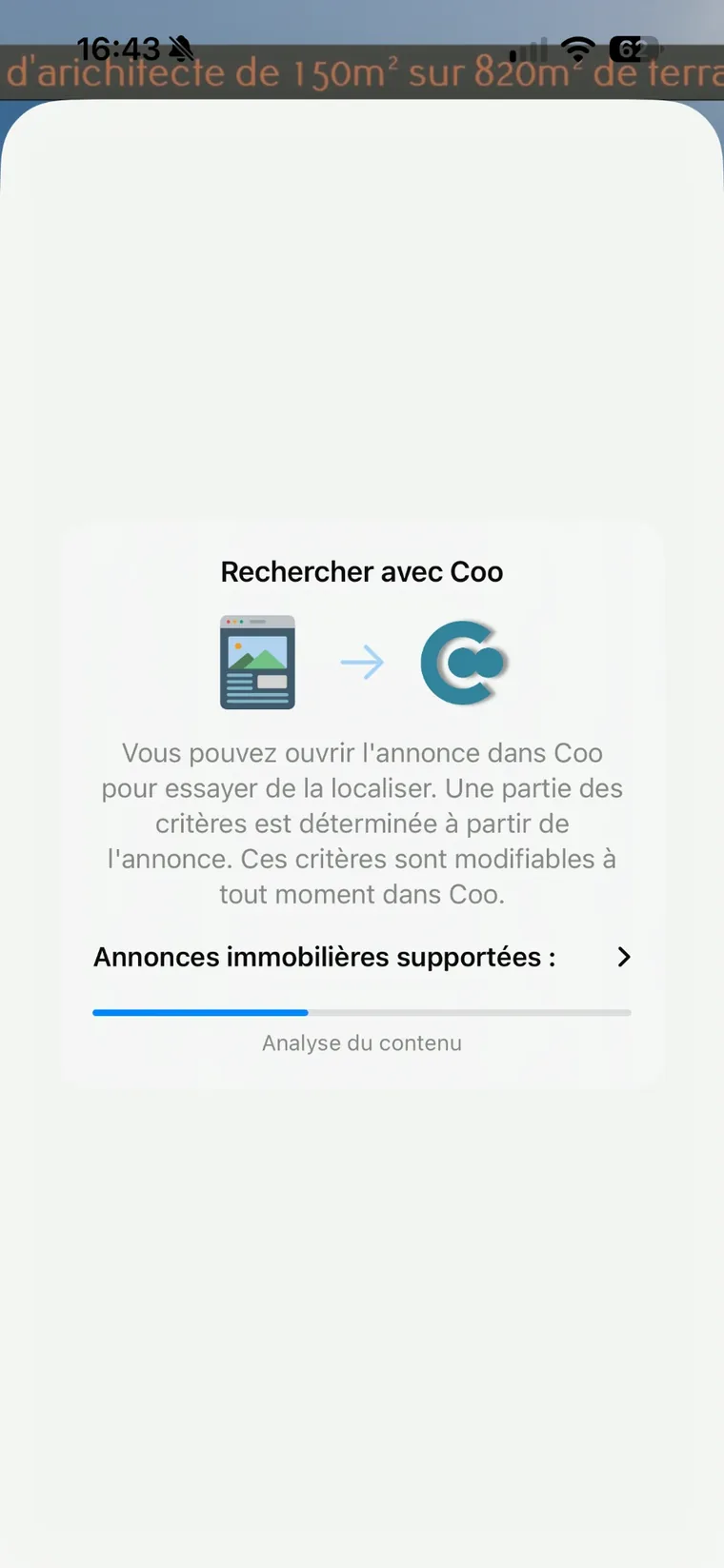 Extension Rechercher avec Coo, barre de progression sur l'étape Analyse du contenu