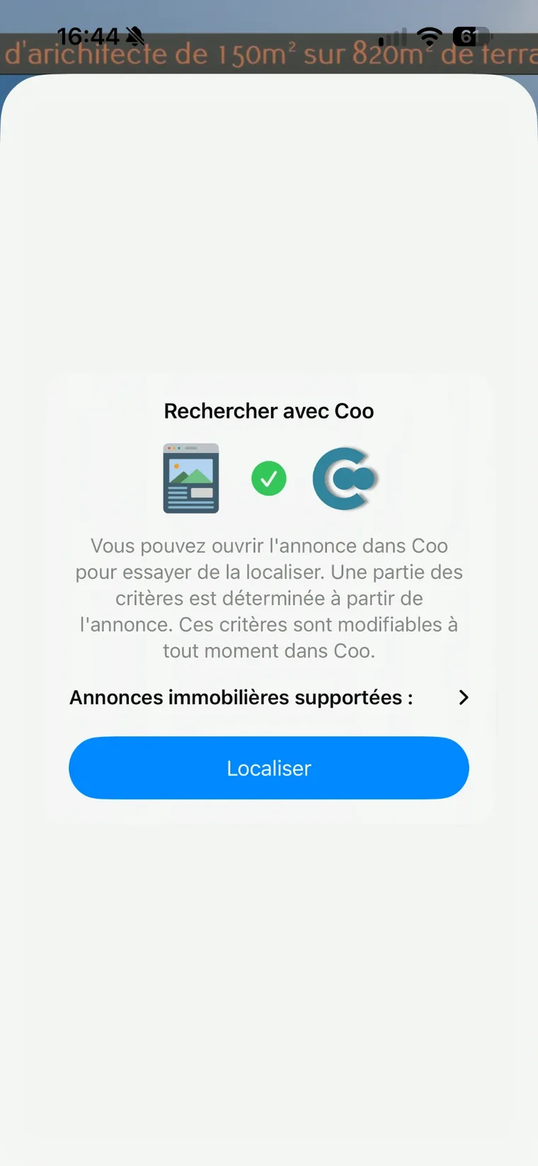 Extension Coo prête, coche verte et bouton Localiser