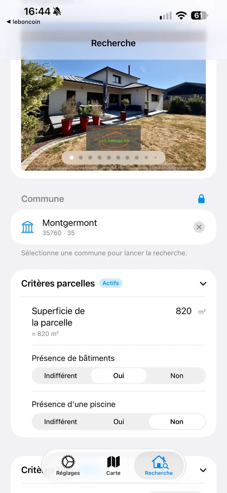 Écran de recherche Coo : commune Montgermont, superficie 820 m², bâtiments oui, piscine non